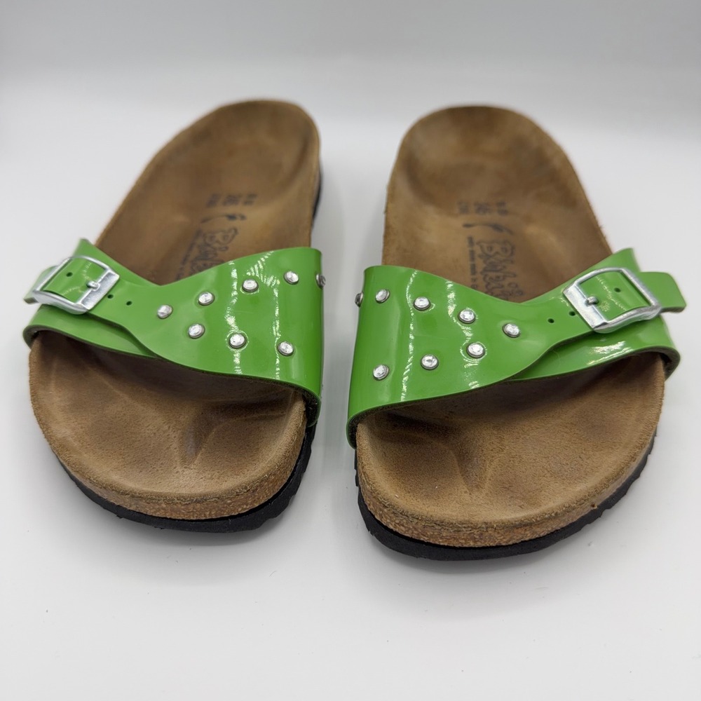 Birki's Slide Sandals Womens 38 Neon Green Patent Rhinestone Buckle Germany